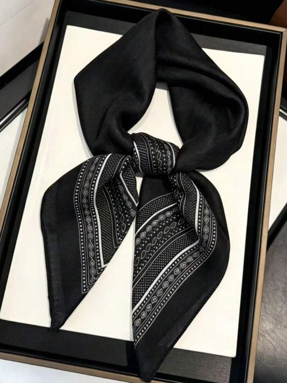 Classic Black Patterned with a White Paisley Border Neck Scarf